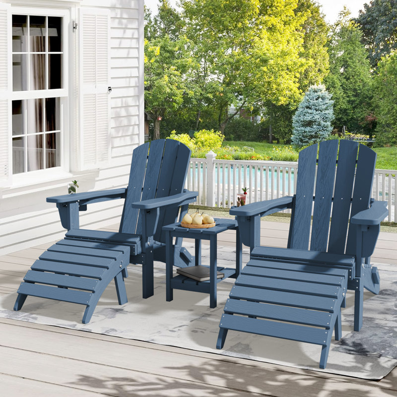 Dalson 5-Piece Plastic Adirondack Chair with Side Table and Ottomans, Navy