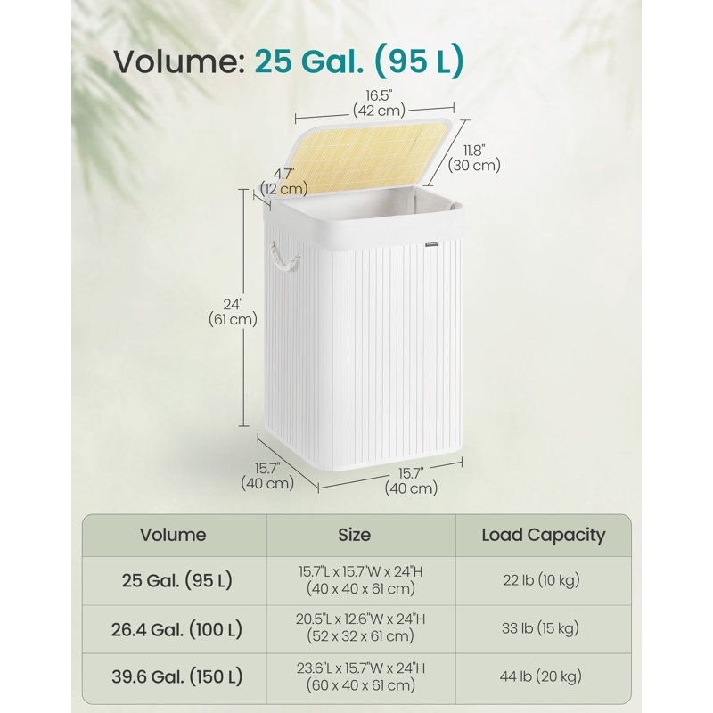 Laundry Basket, 95 L, Laundry Hamper, Laundry Bin With Lid, Bamboo, Foldable, Removable And Machine Washable Liner Bag, For Laundry Room, Bedroom