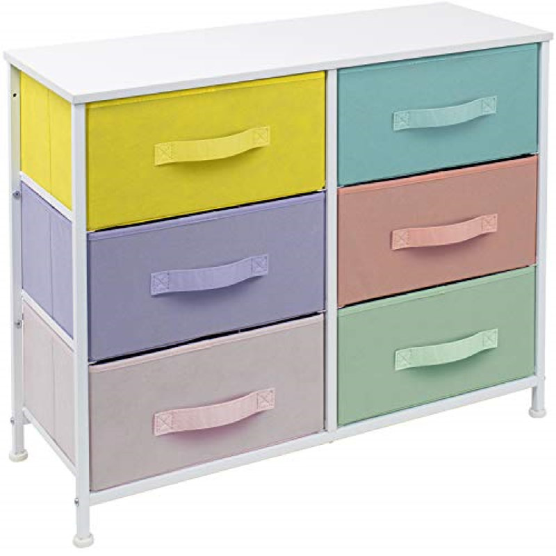 Sorbus 6 Drawers Dresser with Steel Frame, Wood Top, Fabric Bins in Pastel