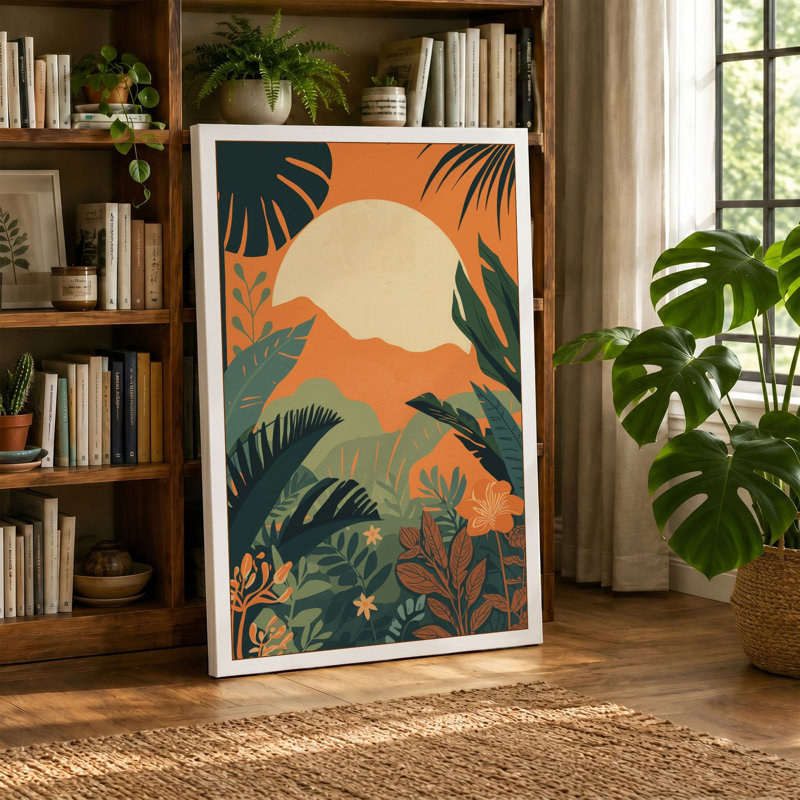 Sunset Silhouette Tropical - Wrapped Canvas, 36x24 - 91.4 x 61.0 cm, Sage Border