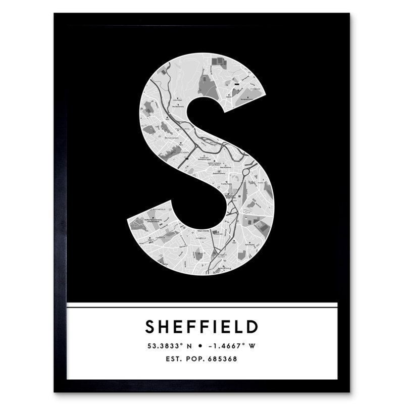 Sheffield City Map Sheffield Black & White by Wee Blue Coo - Single Picture Frame Typography