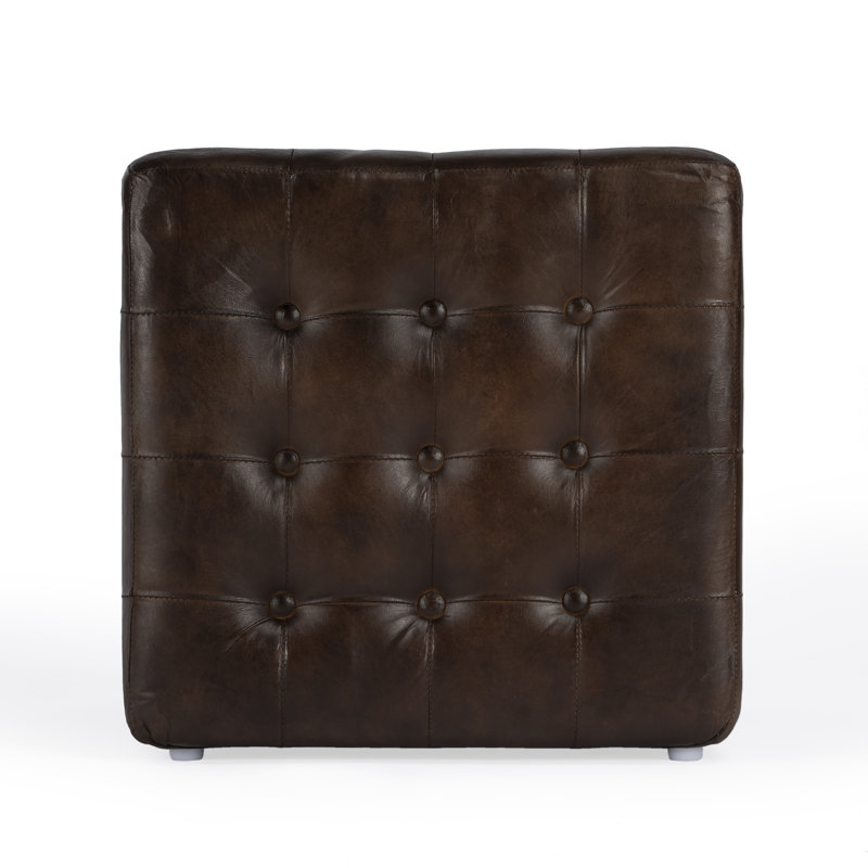 Leon Button Tufted Leather Ottoman, Dark Brown Genuine Leather