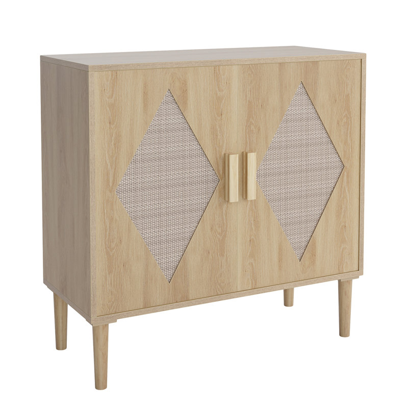 Boho Rattan Buffet Sideboard Cabinet – 2 Diamond Weave Doors – Ample Storage for Living Room, Dining Room, Entryway – Light Wood Color