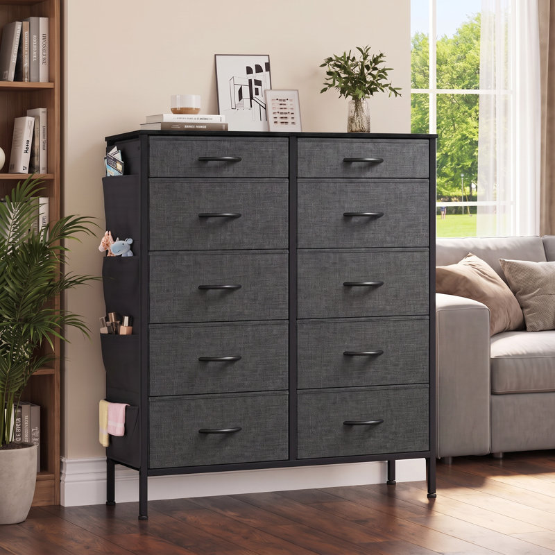 Commode 10 tiroirs en tissu noir avec poches latérales, structure en acier et plateau en bois, tour de rangement pour garde-robe de chambre à coucher