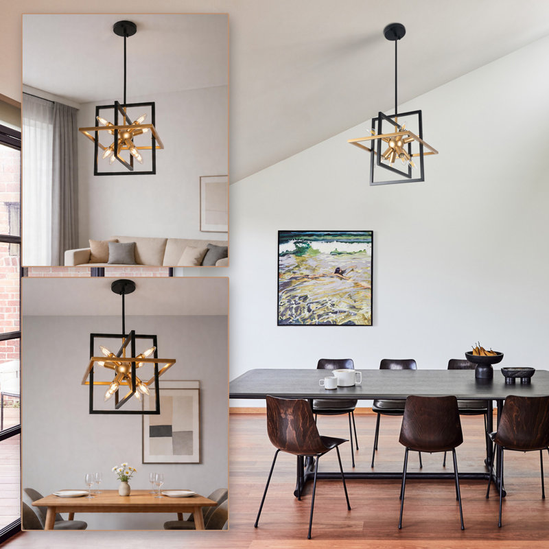 Lustre spoutnik moderne à 8 lumières de style géométrique noir et or pour la salle à manger sans ampoules incluses