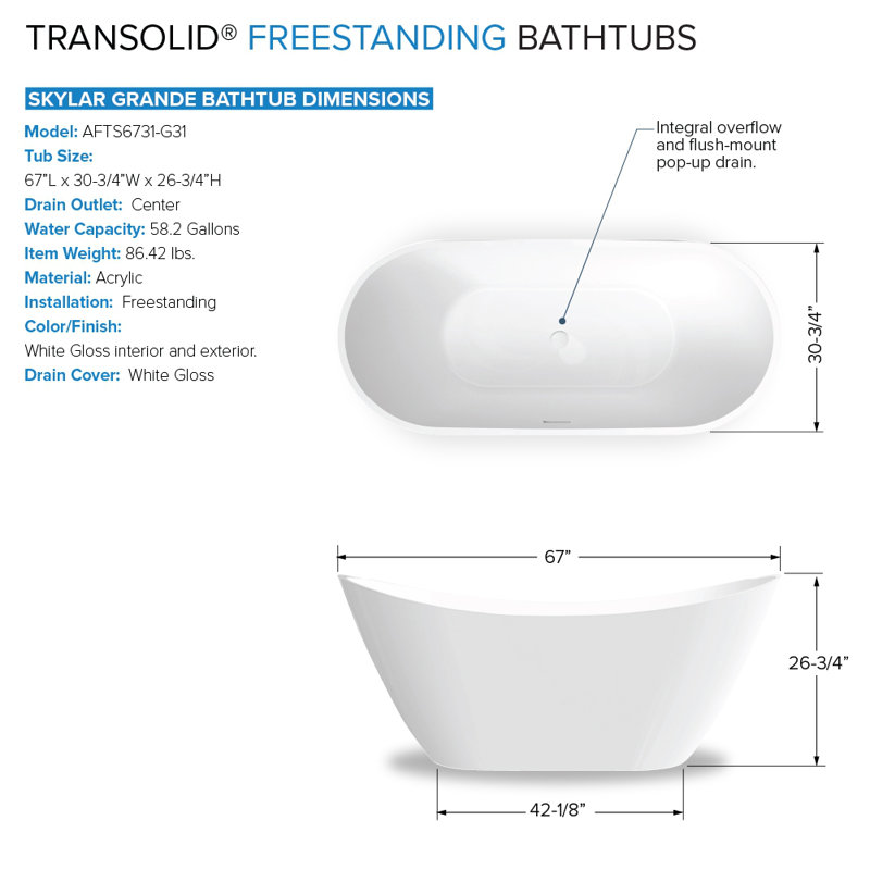 Transolid 66.875 L x 30.75 W x 26.75 H Freestanding Bathtub, In White