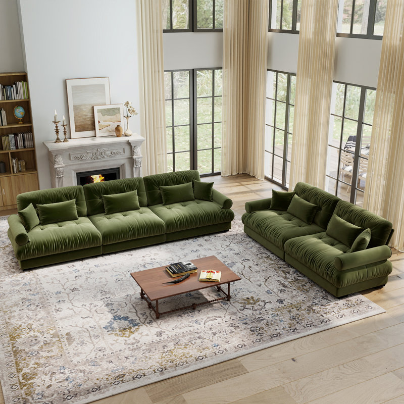 Ensemble de canapé de salon 2 pièces en velours avec coussins et accoudoirs à traversin, Ensemble de 5 sièges, Vert olive