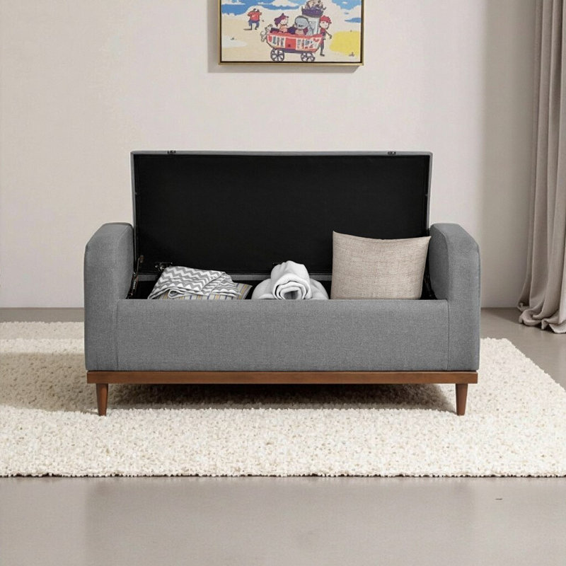 Mid-Century Modern Lift-Top Storage Bench with Tufted Gray Upholstery & Walnut Frame, Light Gray