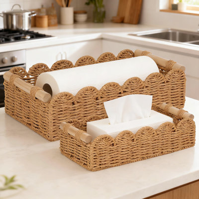Ensemble de 2 paniers de rangement en corde de papier festonnée avec poignées en bois, organisateur polyvalent pour la salle de bain, le salon, la chambre à coucher et la décoration intérieure