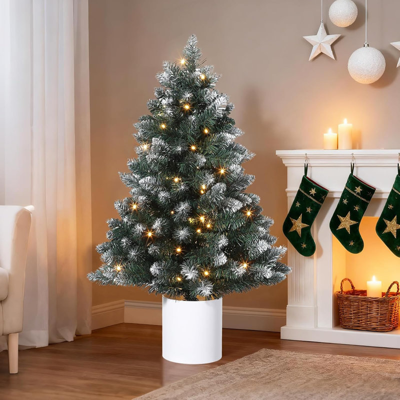 Petit sapin de Noël enneigé 3 pi avec 3 lumières - 40 lumières blanches chaudes, comprend un pot, aucun assemblage requis, décoration de table pour appartements, bureau, bureau