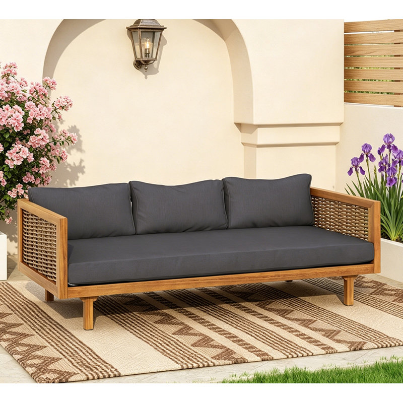 Acacia Wood  Patio Lounge Sofa, Dark Gray,Teak Rattan Arm