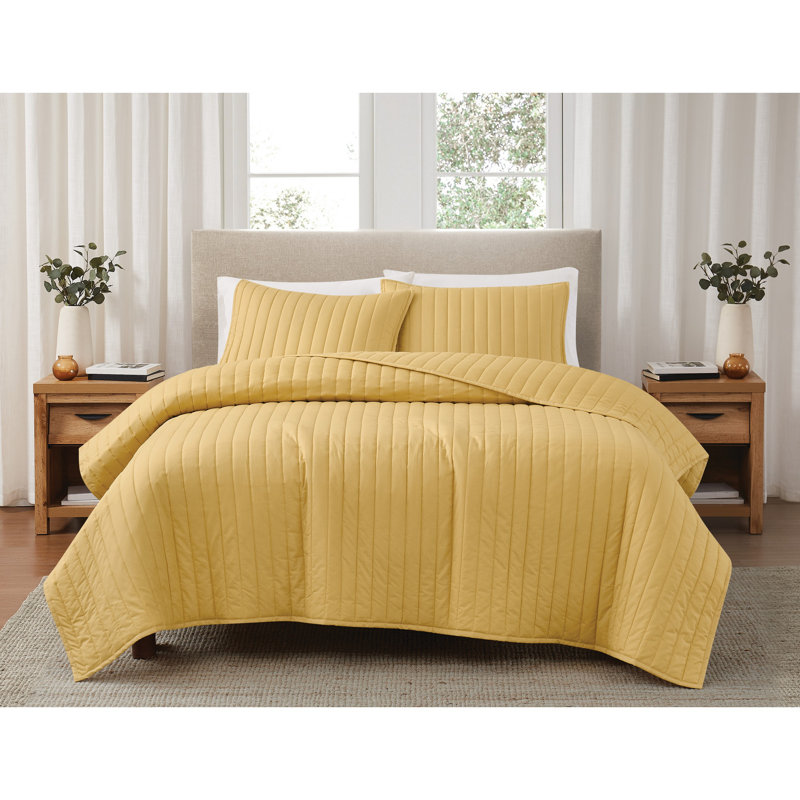 Ensemble de courtepointe standard en coton, Courtepointe double / grand + 2 taies décoratives, Jaune moutarde