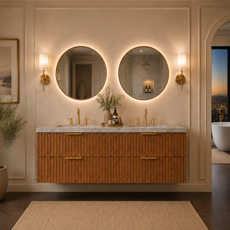 Meuble-lavabo double 60 po, comptoir en pierre frittée, 4 tiroirs à fermeture en douceur, finition grain de bois de chêne brun, pré-assemblé
