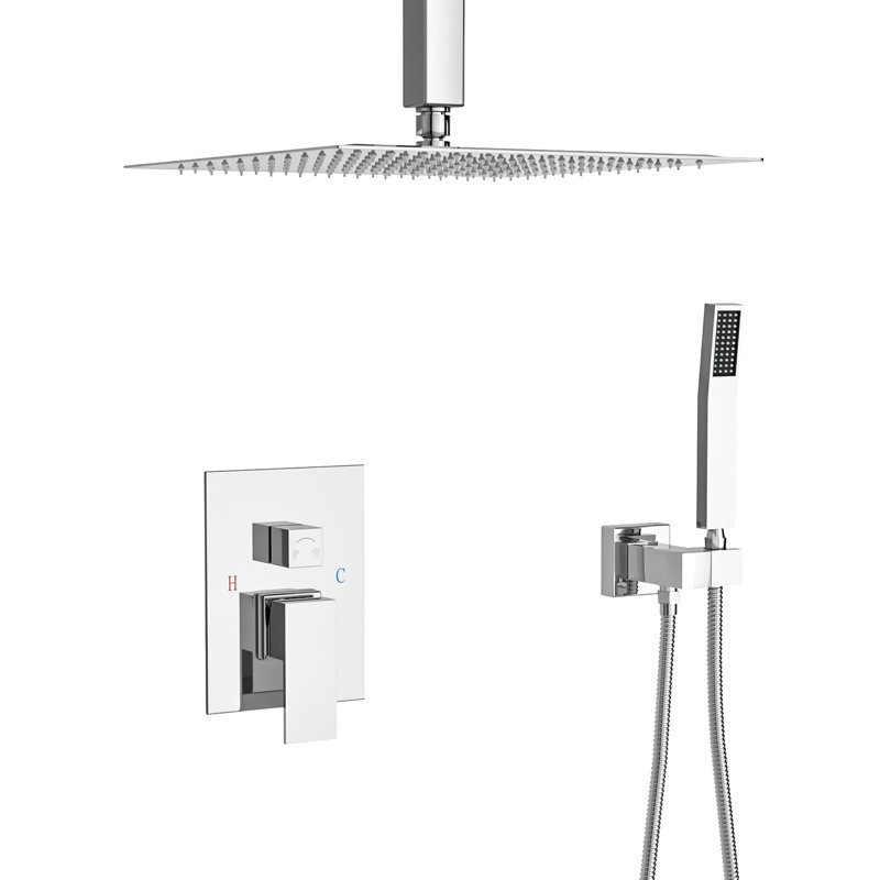 Shower Head Assembly - 16 Inch Ceiling Mount Square Dual With -balanced Valve, Rainfall And Handheld, Easy Installation Centrifugal Force Resistance Mounted Dirt Removal