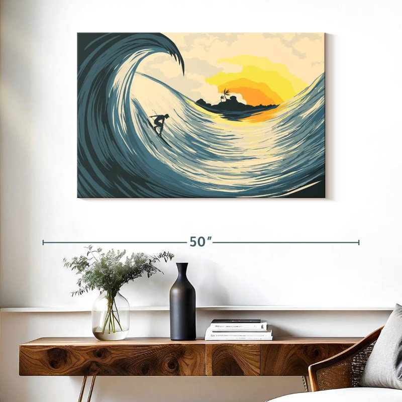 Senne, vague et surfeur, H 26 po x l 39 po