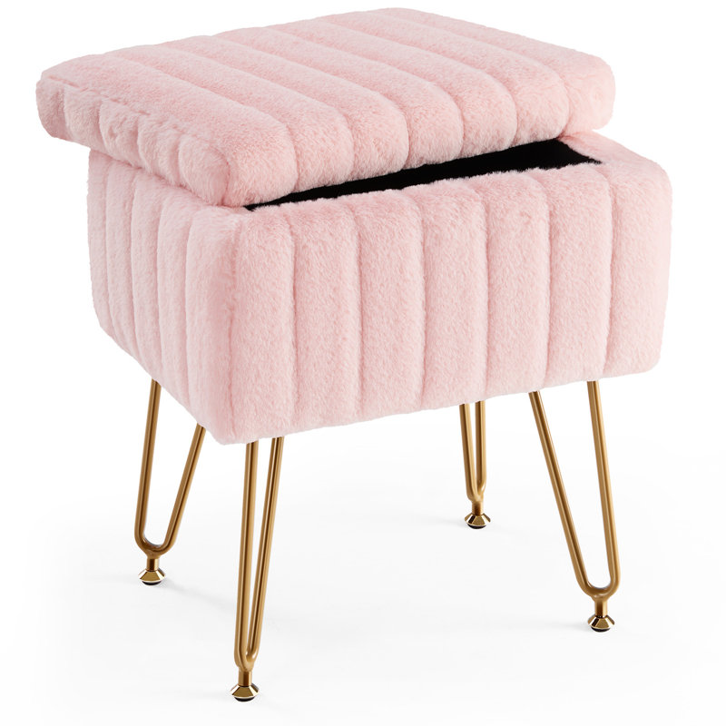Modern Velvet Storage Vanity Stool Cozy Faux Fur Cushioned Accent Chair Pink, Pink