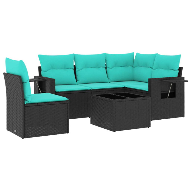 Ensemble de canapé de patio 6 pièces avec coussins en rotin de polyester, Bleu clair, Noir
