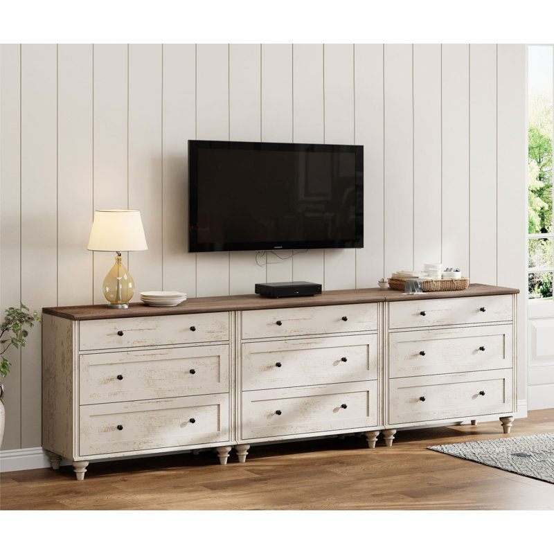 Meuble télé 9 tiroirs pour chambre à coucher, blanc rustique