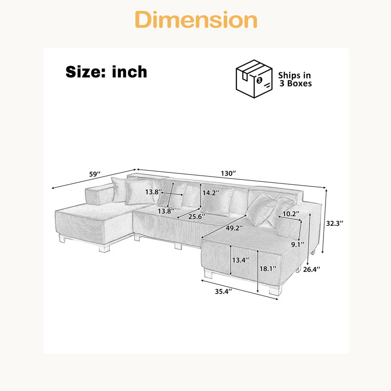 Modern U-Shaped Sectional Sofa 130" Sectional Sofa Upholstered Sofa With RGB LED Light Strip And 6 Pillows For Living Room