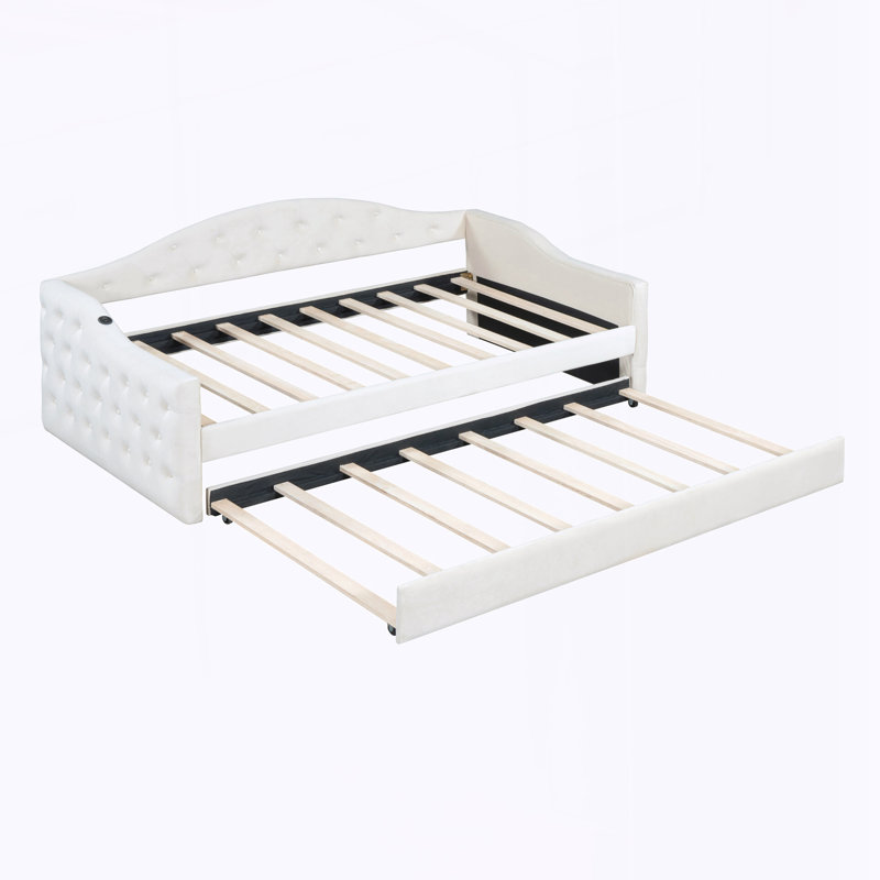 Twin Size Tufted Upholstered Daybed with Trundle, Beige