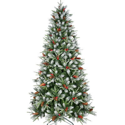 Christmas Tree 6ft Tall, 1593 Tips, Decorated With Red Berries And Pine , Snow - Dusted Pe+ Branches, Hinged Structure For Quick Hassle Setup, Metal Stand Support Tree, Natural Looking Tipped