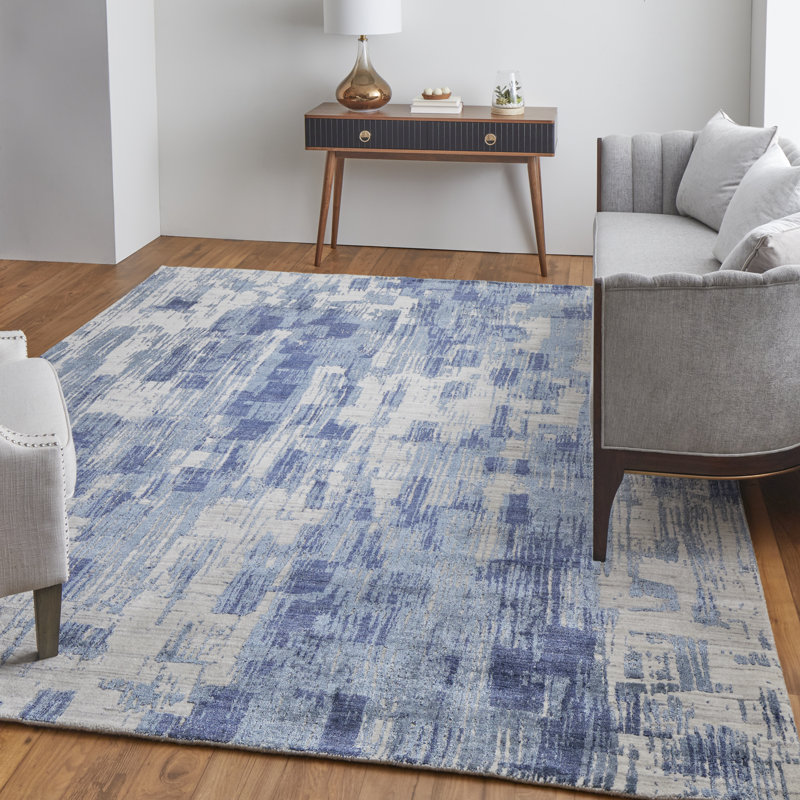 Tapis abstrait en viscose tissé à la main bleu / ivoire, Tapis de couloir 2 pi 6 po x 14 pi