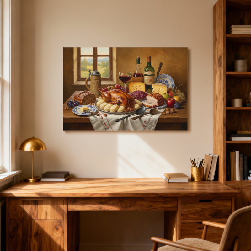 Fête de la mode et de la nature morte avec nourriture et vin, H 12 po x l 18 po