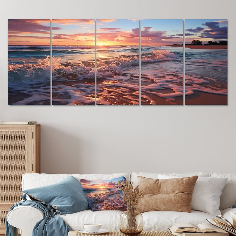 Décoration murale 5 pièces Beachside Sunset Horizon V - Rose, H 32 po x l 80 po