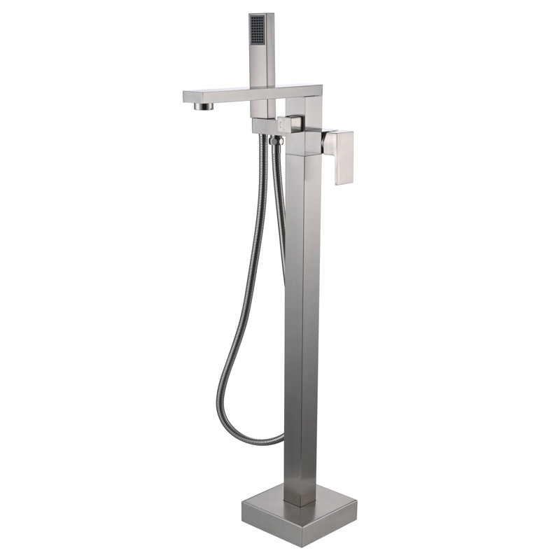 Robinet de baignoire autoportant à poignée simple 90 degrés avec pomme de douche à main, Nickel brossé