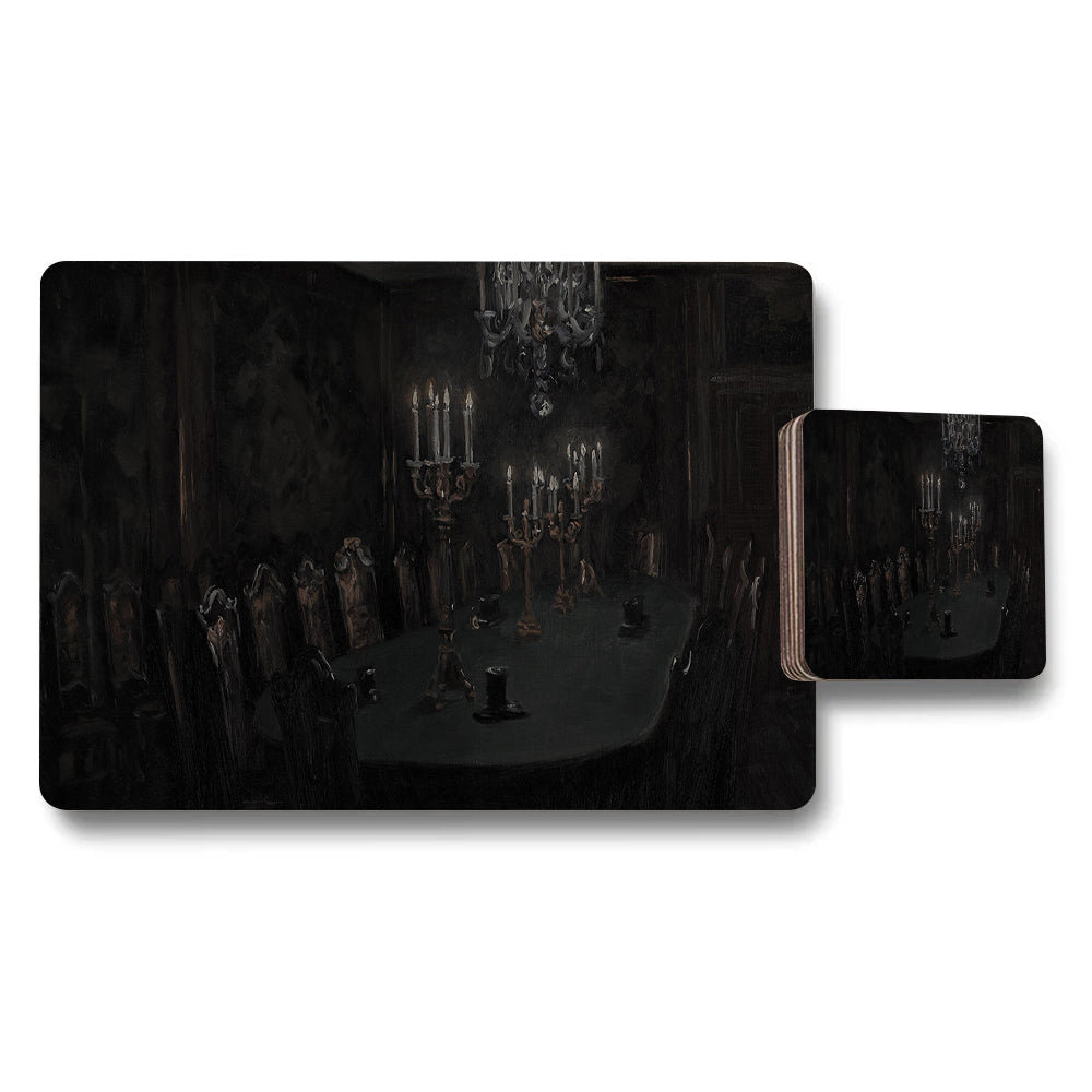 Gothic Dinner Placemats And Coasters Set With Candlelit Table Scene