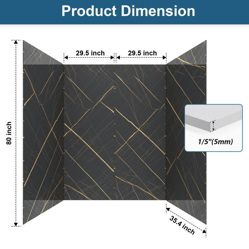 36" X 60" X 80" Three Panel Shower Wall Panel Surround Kit Black and Gold Marble Pattern