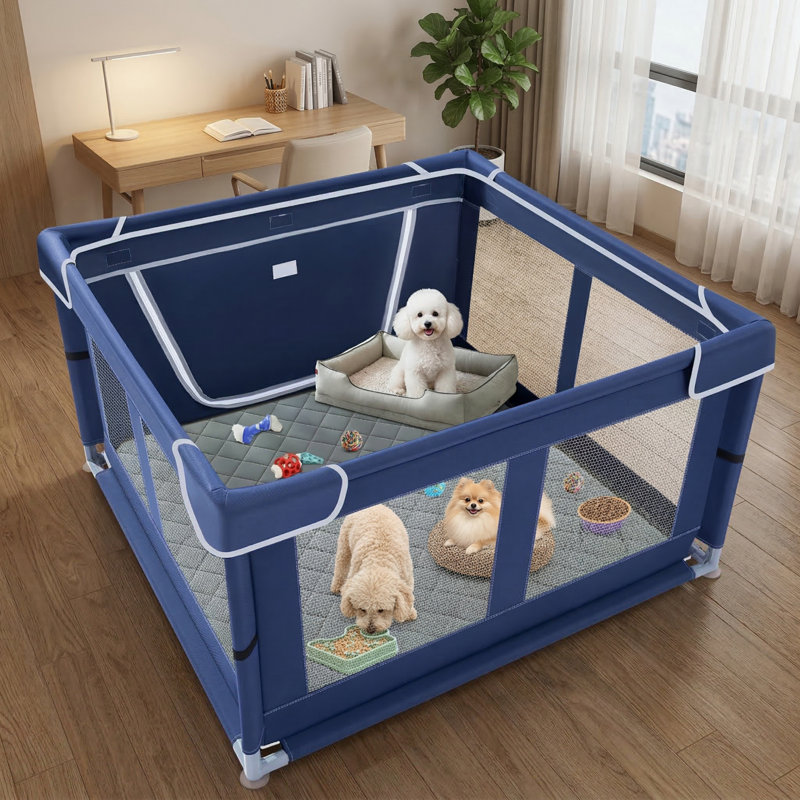 Aire de jeu carrée pour chiots de 42 pouces avec patins absorbants convenant aux canines jeunes et petites, polyvalente pour une utilisation intérieure ou extérieure, enceinte de sécurité durable avec tissu renforcé et filet en nylon à haute résistance