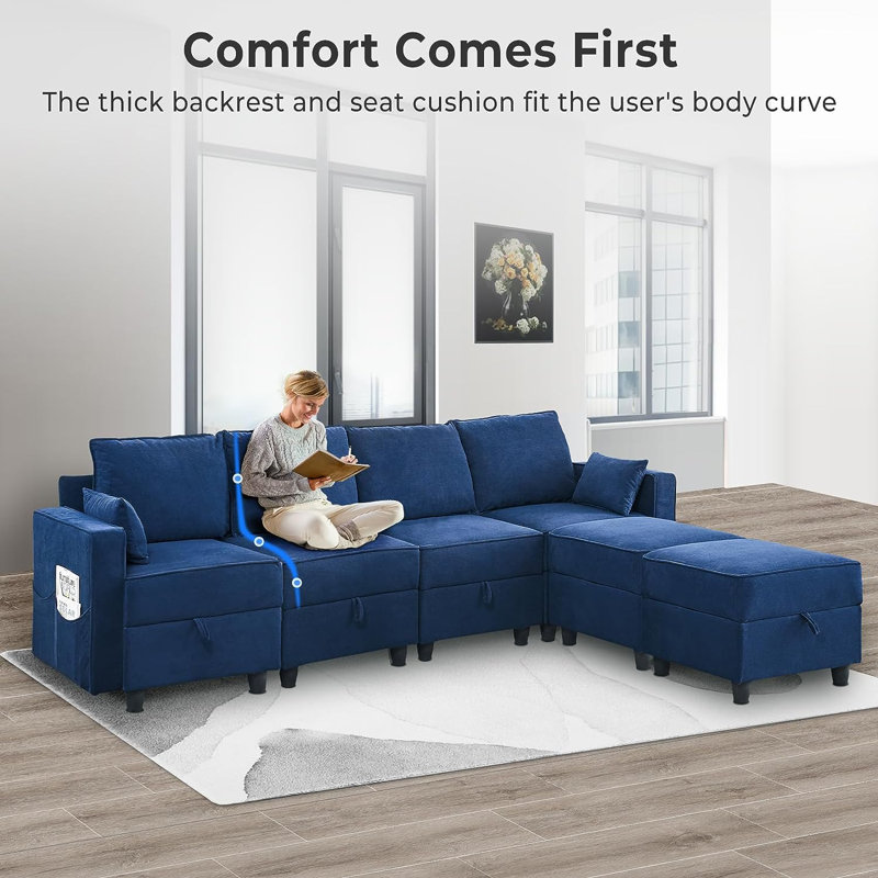 Canapé modulaire rembourré 6 pièces Kenda, Velours côtelé bleu