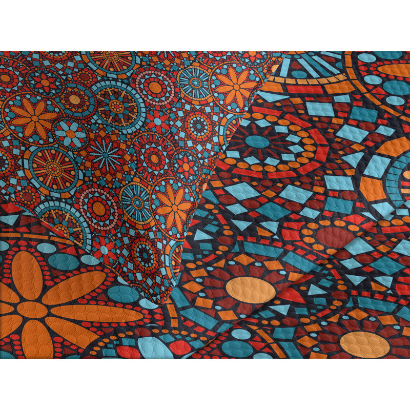 Ambesonne Mandala Bedspread Set Circular Nested Floral Form Vermilion Ruby Sky Blue, King Bedspread + 2 Standard Shams