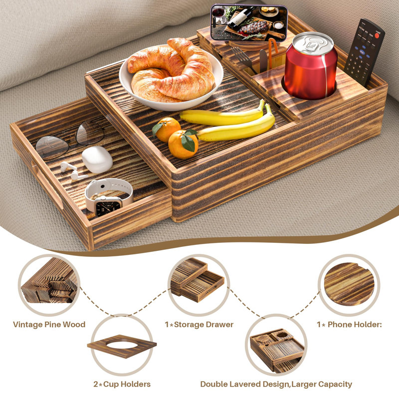 Couch Arm Table, Vintage Wood Couch Cup Holder, 7-In-1 Couch Caddy Tray, Sofa Side Table With Push-Pull Drawer, 360°Swivel Phone Holder, (Vintage Wood)
