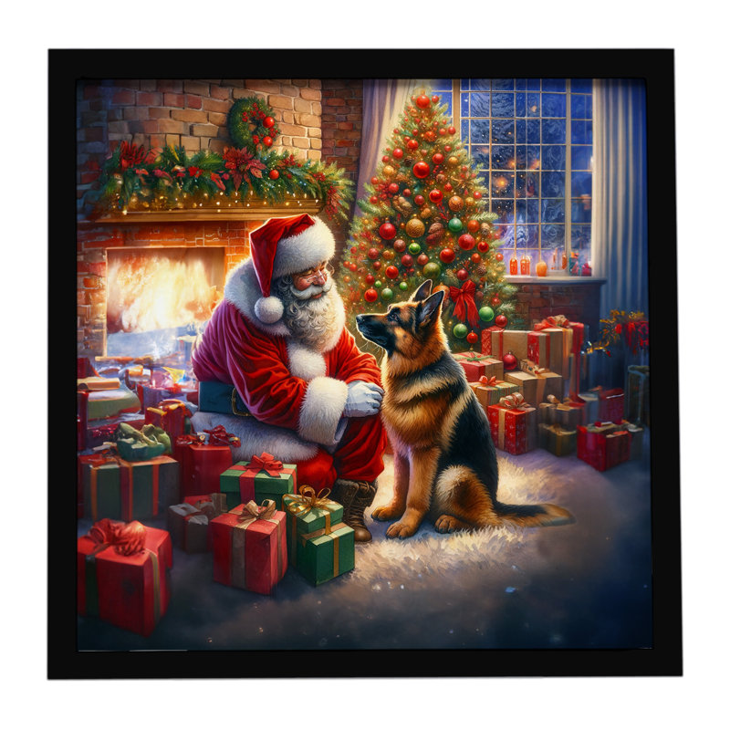 Berger allemand et père Noël, reproduction d'art encadrée
