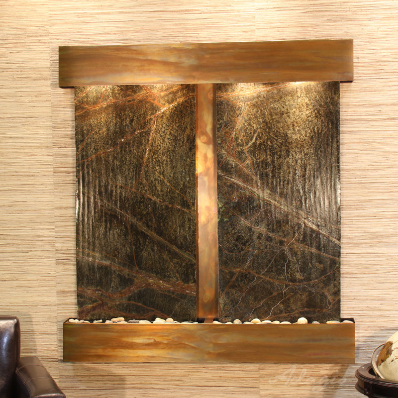 Aspen Falls Wall Fountain with Light, Rustic Copper, Rainforest Green Marble