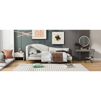 Beige Twin Upholstered Daybed With Headboard - Wood Frame, Cozy Look Linen Cover , Comfortable, Attractive