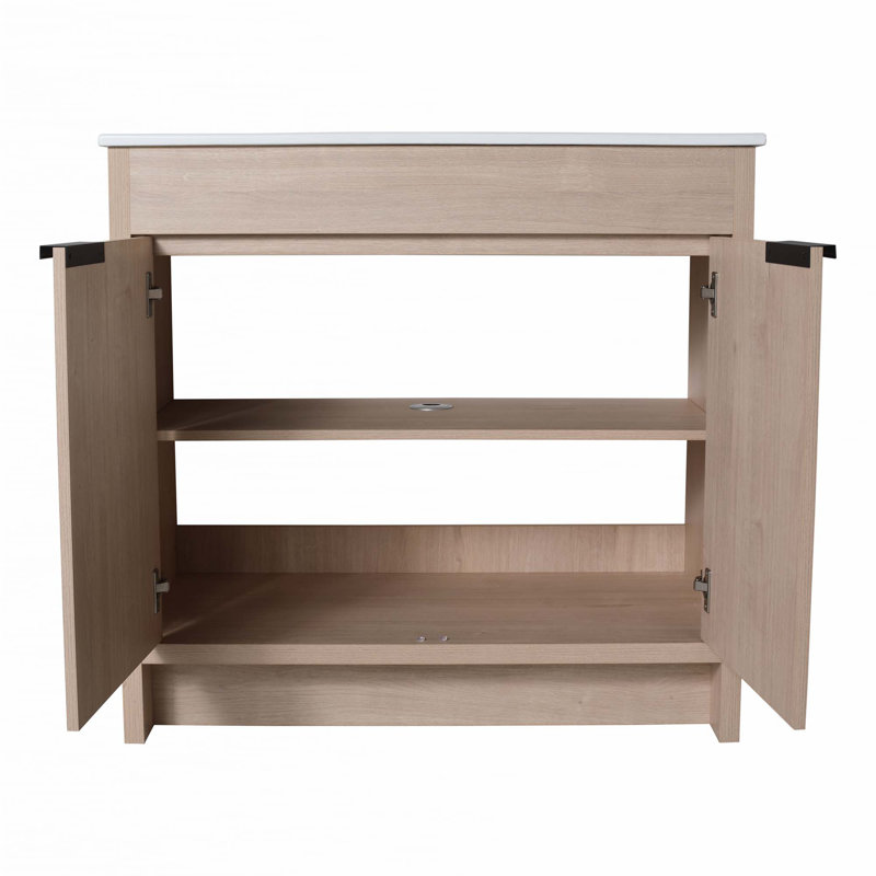 Meuble-lavabo autoportant avec lavabo en céramique, Blanc, 36", Chêne clair uni
