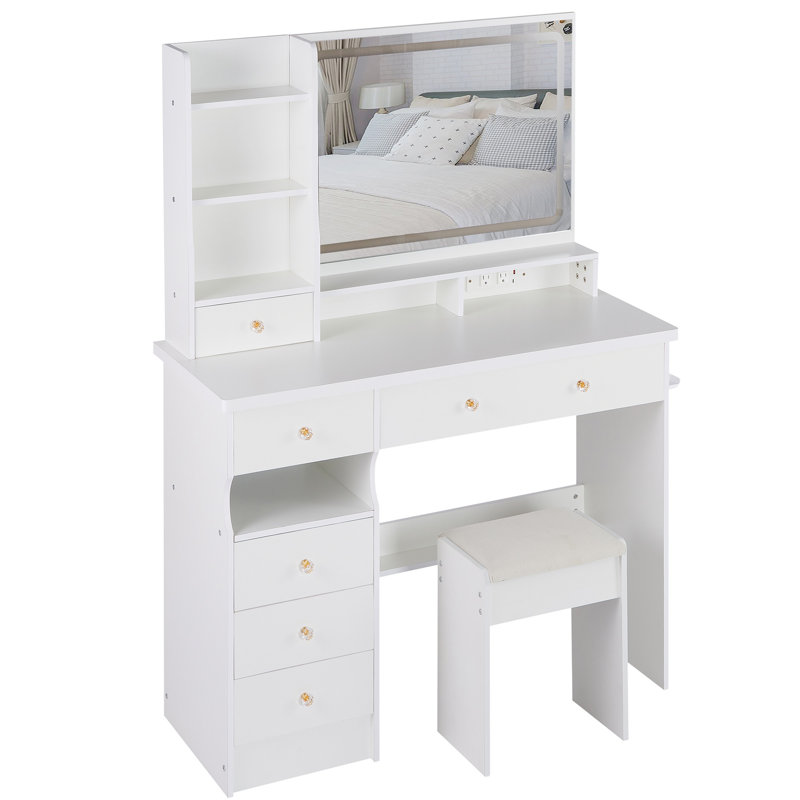 41" Large Size Left Drawer Desktop Vanity Table+Cushioned Stool Dresser Set, 2 AC+2 USB Power Station, Hair Dryer Stand, Extra Large Touch Control LED Mirror, 3-Color Switch, Makeup Vanity