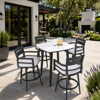 Modern 5-Piece Outdoor Patio Bar Set – Rounded Square Sintered Stone Table & 4 Swivel Bar Chairs, Marble-Inspired Top, Swivel Plate, Tapered Legs, Sunbrella Cushions
