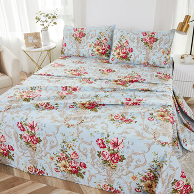 100% Egyptian Cotton Sheet Set, 4 Piece 800 Thread Count Vintage Red Rose In Light Blue Sheet Set, For Bedroom Guest Room Student Dorm All Seasons