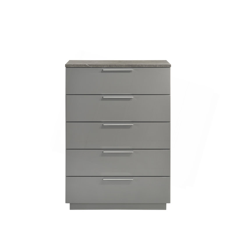 Commode Elara - Finition bicolore très brillante en marbre et laque avec tiroirs spacieux et pieds en métal - Gris