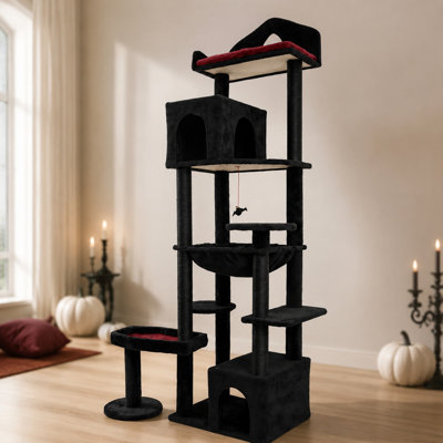 Arbre à chat gothique effrayant de 209 cm avec lit en forme de cercueil, griffoir, hamac et grotte pour chat