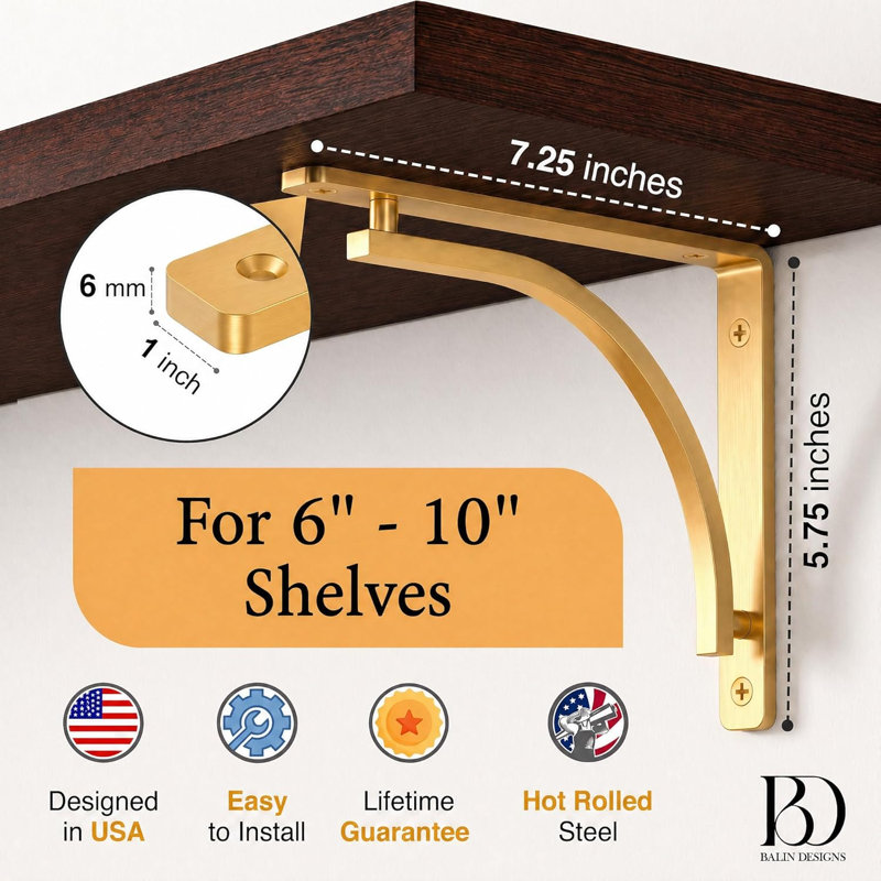 Ensemble de supports de tablettes Classic par Balin Designs (laiton) pour tablettes de manteau de 8 à 10 pouces - Supports en L dorés robustes - Installation facile avec la quincaillerie incluse - ensemble de 4