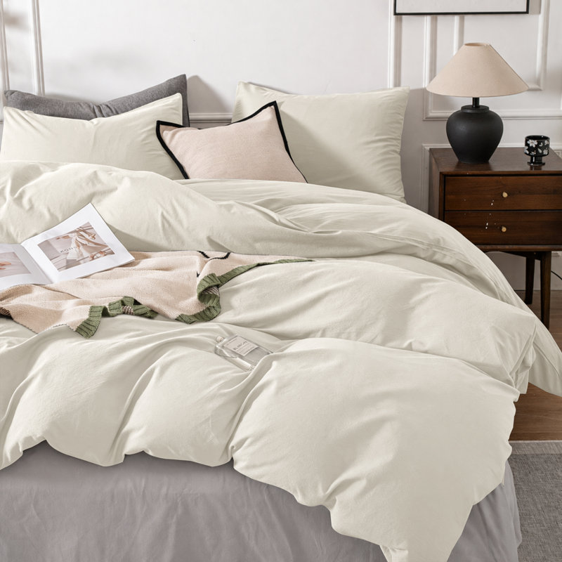 3-Piece Dyed Duvet Cover Set With Pillowcases, Super King Duvet Cover + 2 Standard Pillowcases, Cream