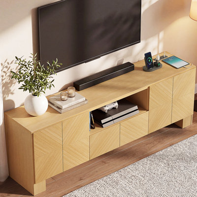 Modern Wood 70" TV Stand For Tvs Up To 80 Inch With Storage And Shelves, Natural Oak