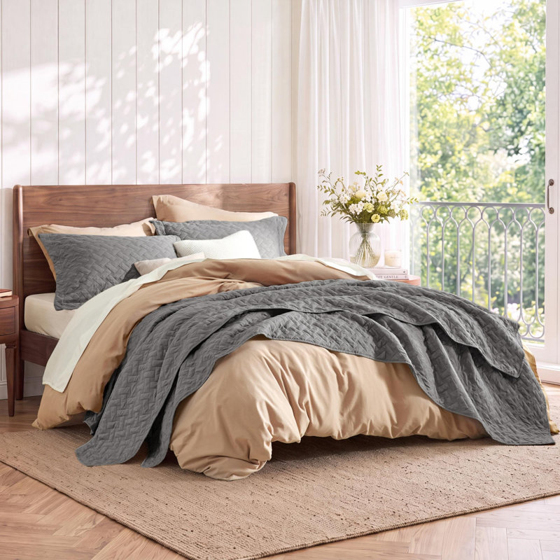 Literie courtepointe pour très grand lit - couvre-lits gris très grand avec motif de panier, ensemble de literie à courtepointe douce, couvre-lit léger pour édredon toutes saisons avec 2 taies décoratives (106 po x 96 po)