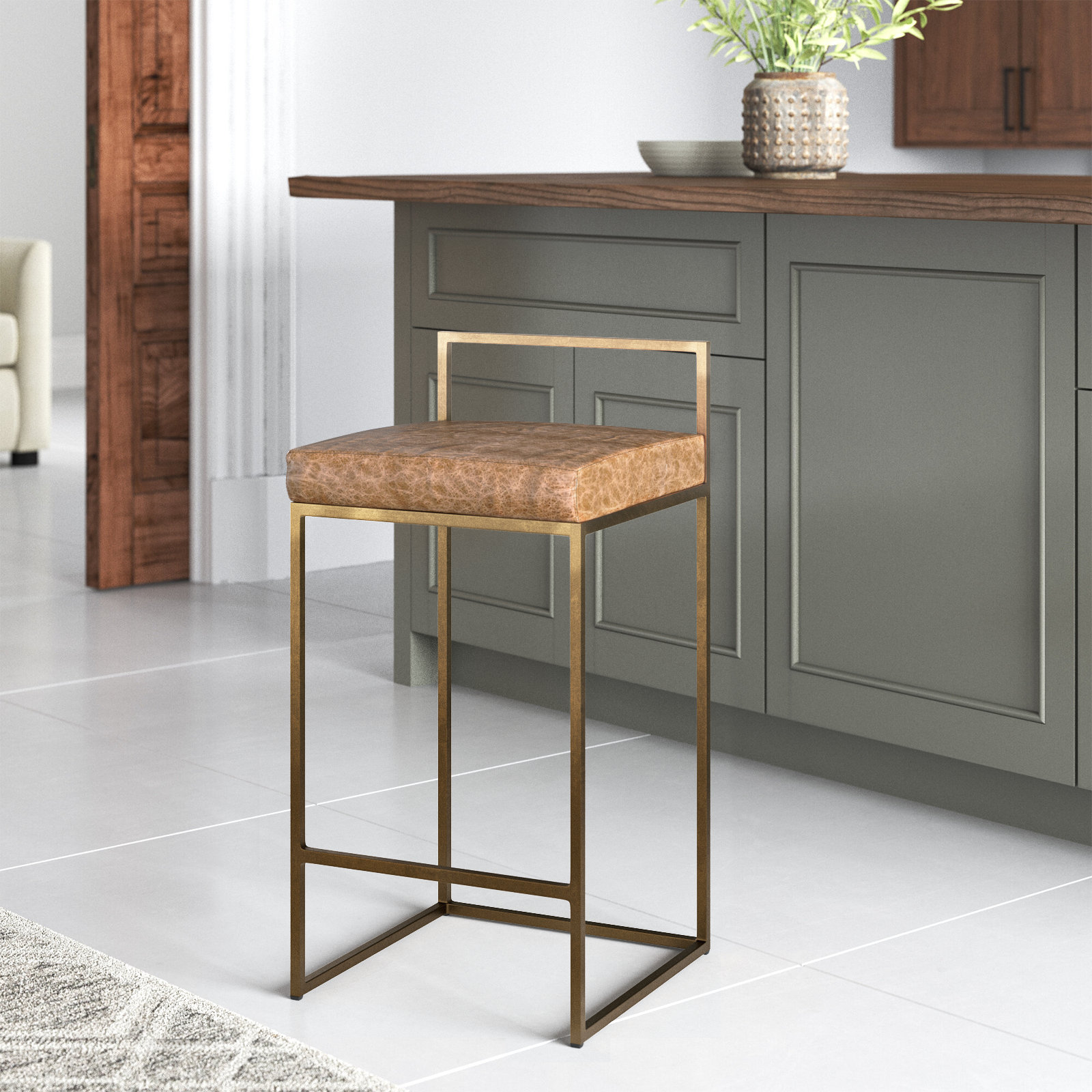 Rumiya 26" Bar Stool, Brass, Chestnut Brown