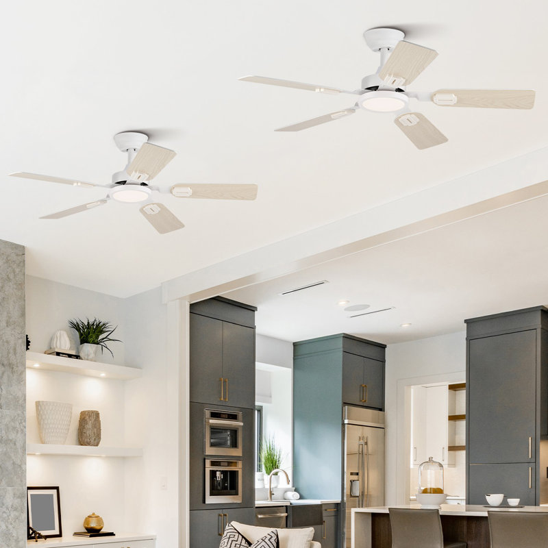 Ventilateurs de plafond à DEL de 42 po avec lumières et télécommandes, Blanc / bois jaune clair